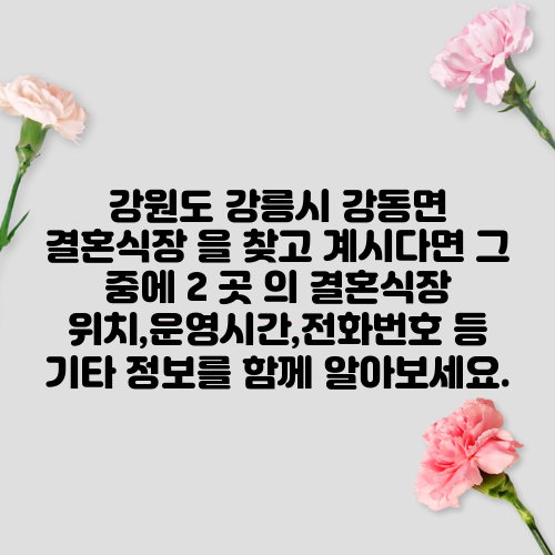 강원도 강릉시 강동면 결혼식장 을 찾고 계시다면 그 중에 2 곳 의 결혼식장 위치,운영시간,전화번호 등 기타 정보를 함께 알아보세요.