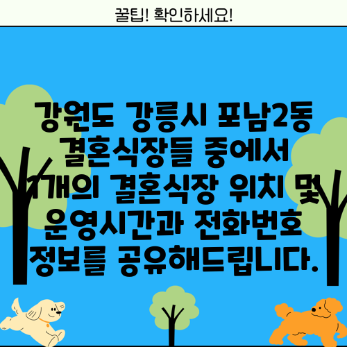 강원도 강릉시 포남2동 결혼식장들 중에서 1개의 결혼식장 위치 및 운영시간과 전화번호 정보를 공유해드립니다.