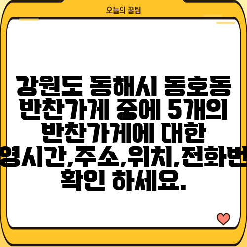 강원도 동해시 동호동 반찬가게 중에 5개의 반찬가게에 대한 운영시간,주소,위치,전화번호 확인 하세요.