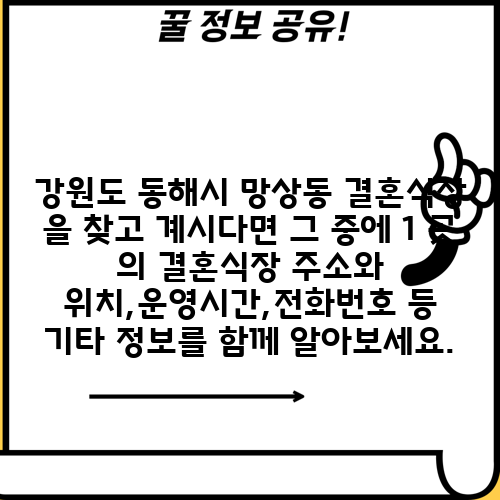 강원도 동해시 망상동 결혼식장 을 찾고 계시다면 그 중에 1 곳 의 결혼식장 주소와 위치,운영시간,전화번호 등 기타 정보를 함께 알아보세요.