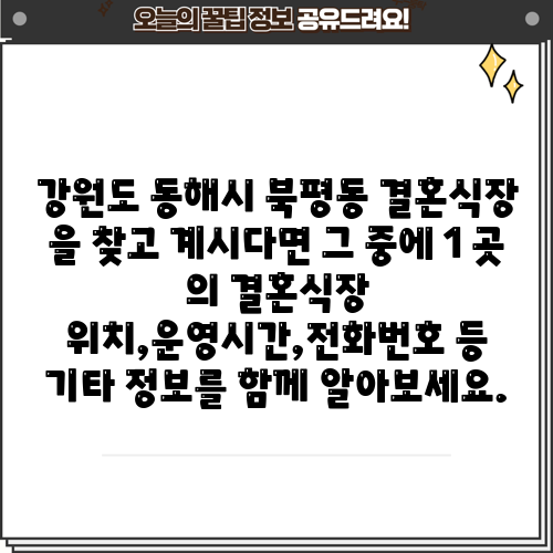 강원도 동해시 북평동 결혼식장 을 찾고 계시다면 그 중에 1 곳 의 결혼식장 위치,운영시간,전화번호 등 기타 정보를 함께 알아보세요.