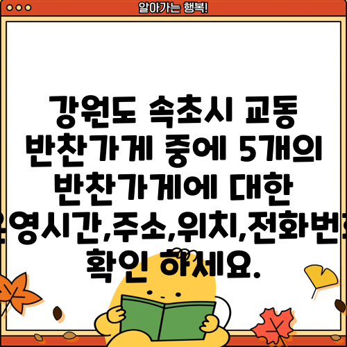 강원도 속초시 교동 반찬가게 중에 5개의 반찬가게에 대한 운영시간,주소,위치,전화번호 확인 하세요.