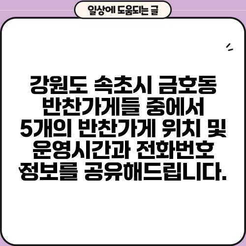 강원도 속초시 금호동 반찬가게들 중에서 5개의 반찬가게 위치 및 운영시간과 전화번호 정보를 공유해드립니다.