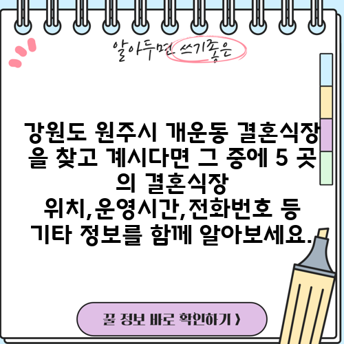 강원도 원주시 개운동 결혼식장 을 찾고 계시다면 그 중에 5 곳 의 결혼식장 위치,운영시간,전화번호 등 기타 정보를 함께 알아보세요.