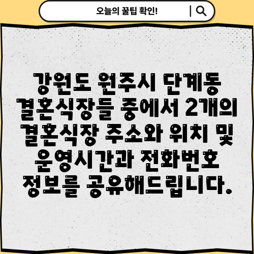 강원도 원주시 단계동 결혼식장들 중에서 2개의 결혼식장 주소와 위치 및 운영시간과 전화번호 정보를 공유해드립니다.