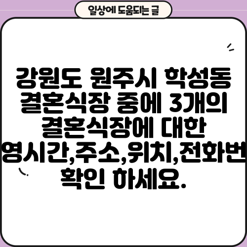 강원도 원주시 학성동 결혼식장 중에 3개의 결혼식장에 대한 운영시간,주소,위치,전화번호 확인 하세요.