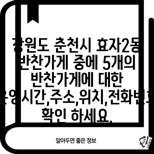 강원도 춘천시 효자2동 반찬가게 중에 5개의 반찬가게에 대한 운영시간,주소,위치,전화번호 확인 하세요.