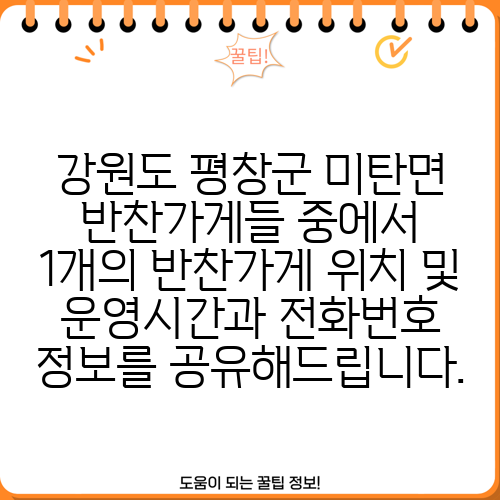강원도 평창군 미탄면 반찬가게들 중에서 1개의 반찬가게 위치 및 운영시간과 전화번호 정보를 공유해드립니다.