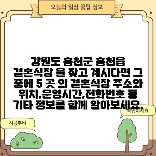 강원도 홍천군 홍천읍 결혼식장 을 찾고 계시다면 그 중에 5 곳 의 결혼식장 주소와 위치,운영시간,전화번호 등 기타 정보를 함께 알아보세요.