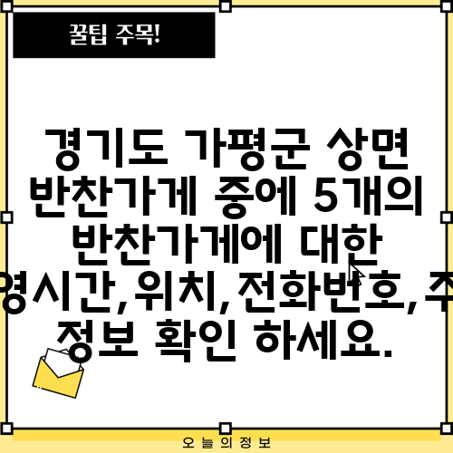 경기도 가평군 상면 반찬가게 중에 5개의 반찬가게에 대한 운영시간,위치,전화번호,주소 정보 확인 하세요.