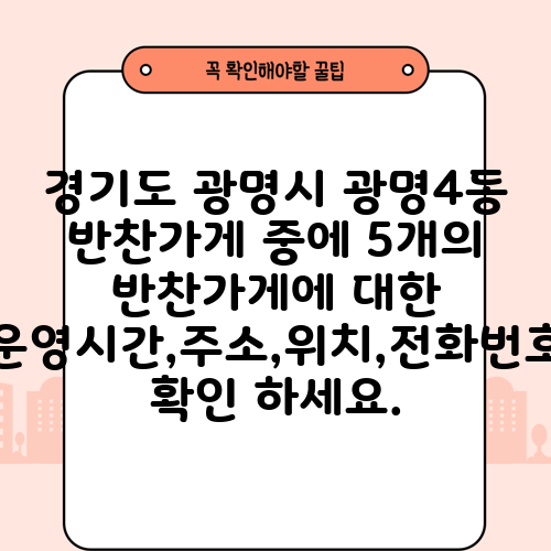 경기도 광명시 광명4동 반찬가게 중에 5개의 반찬가게에 대한 운영시간,주소,위치,전화번호 확인 하세요.