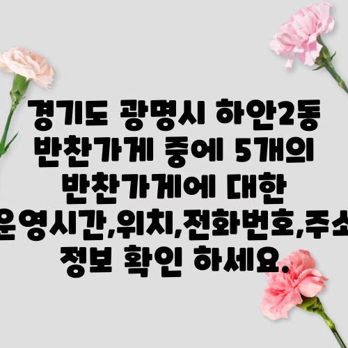 경기도 광명시 하안2동 반찬가게 중에 5개의 반찬가게에 대한 운영시간,위치,전화번호,주소 정보 확인 하세요.