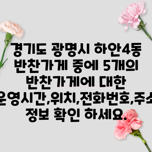 경기도 광명시 하안4동 반찬가게 중에 5개의 반찬가게에 대한 운영시간,위치,전화번호,주소 정보 확인 하세요.