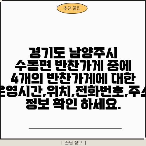 경기도 남양주시 수동면 반찬가게 중에 4개의 반찬가게에 대한 운영시간,위치,전화번호,주소 정보 확인 하세요.