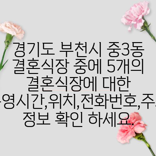 경기도 부천시 중3동 결혼식장 중에 5개의 결혼식장에 대한 운영시간,위치,전화번호,주소 정보 확인 하세요.