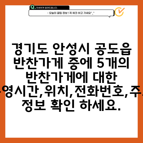 경기도 안성시 공도읍 반찬가게 중에 5개의 반찬가게에 대한 운영시간,위치,전화번호,주소 정보 확인 하세요.