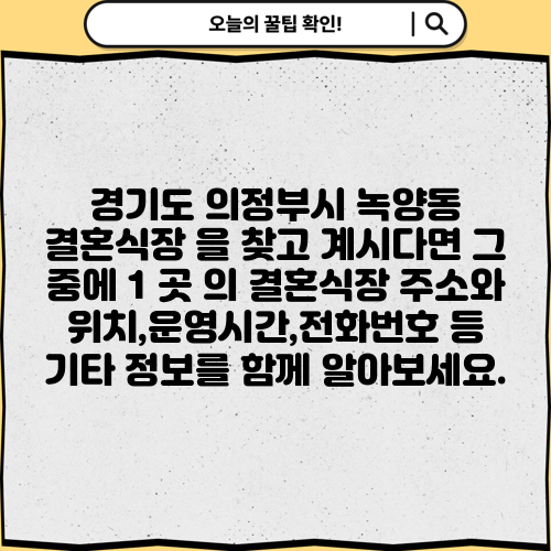 경기도 의정부시 녹양동 결혼식장 을 찾고 계시다면 그 중에 1 곳 의 결혼식장 주소와 위치,운영시간,전화번호 등 기타 정보를 함께 알아보세요.