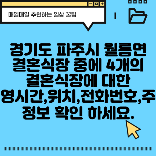 경기도 파주시 월롱면 결혼식장 중에 4개의 결혼식장에 대한 운영시간,위치,전화번호,주소 정보 확인 하세요.