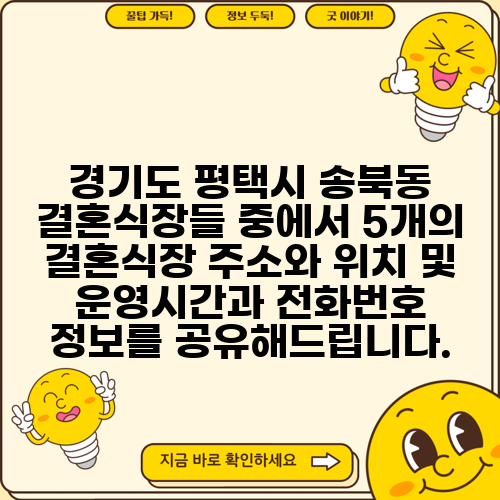 경기도 평택시 송북동 결혼식장들 중에서 5개의 결혼식장 주소와 위치 및 운영시간과 전화번호 정보를 공유해드립니다.