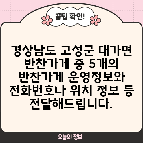 경상남도 고성군 대가면 반찬가게 중 5개의 반찬가게 운영정보와 전화번호나 위치 정보 등 전달해드립니다.