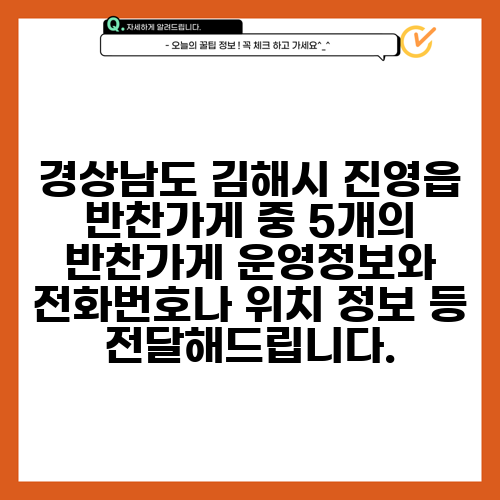 경상남도 김해시 진영읍 반찬가게 중 5개의 반찬가게 운영정보와 전화번호나 위치 정보 등 전달해드립니다.