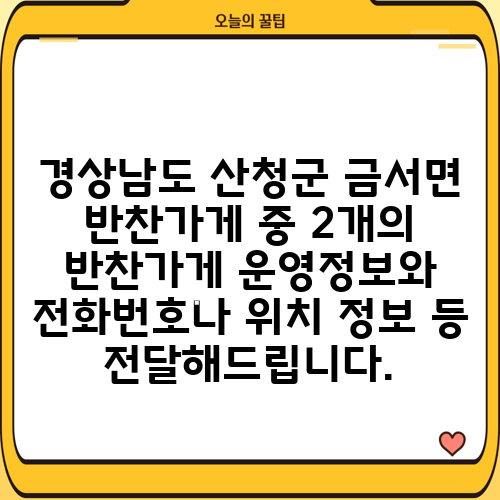경상남도 산청군 금서면 반찬가게 중 2개의 반찬가게 운영정보와 전화번호나 위치 정보 등 전달해드립니다.