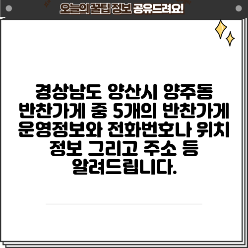 경상남도 양산시 양주동 반찬가게 중 5개의 반찬가게 운영정보와 전화번호나 위치 정보 그리고 주소 등 알려드립니다.