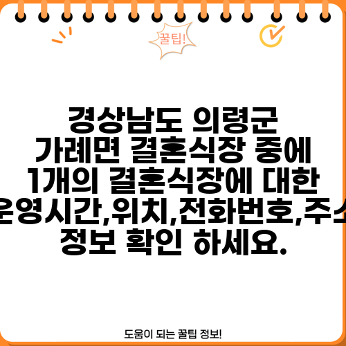 경상남도 의령군 가례면 결혼식장 중에 1개의 결혼식장에 대한 운영시간,위치,전화번호,주소 정보 확인 하세요.