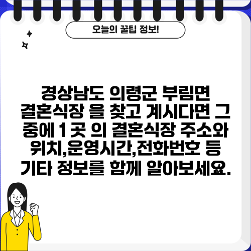 경상남도 의령군 부림면 결혼식장 을 찾고 계시다면 그 중에 1 곳 의 결혼식장 주소와 위치,운영시간,전화번호 등 기타 정보를 함께 알아보세요.