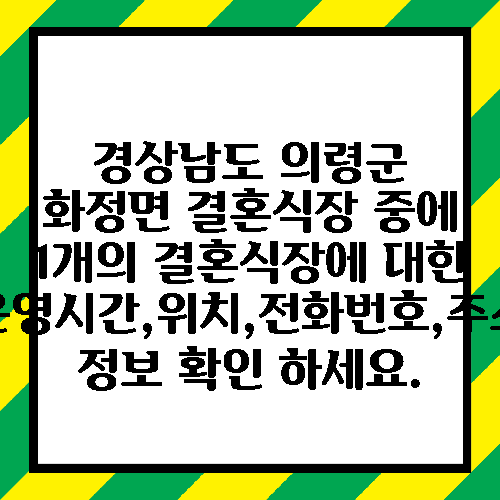 경상남도 의령군 화정면 결혼식장 중에 1개의 결혼식장에 대한 운영시간,위치,전화번호,주소 정보 확인 하세요.