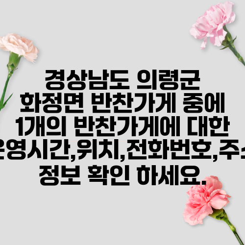 경상남도 의령군 화정면 반찬가게 중에 1개의 반찬가게에 대한 운영시간,위치,전화번호,주소 정보 확인 하세요.