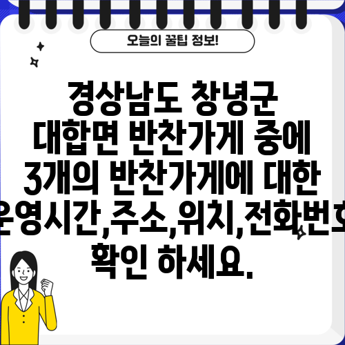 경상남도 창녕군 대합면 반찬가게 중에 3개의 반찬가게에 대한 운영시간,주소,위치,전화번호 확인 하세요.