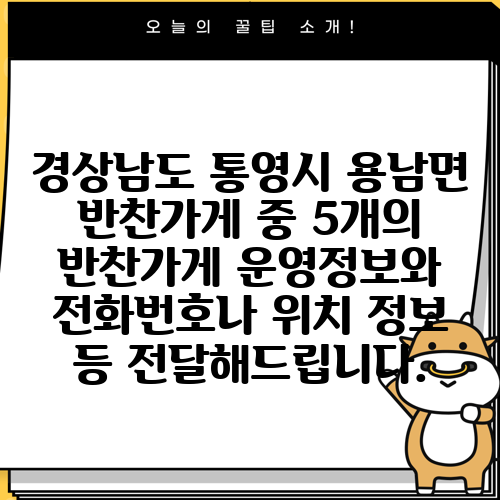경상남도 통영시 용남면 반찬가게 중 5개의 반찬가게 운영정보와 전화번호나 위치 정보 등 전달해드립니다.