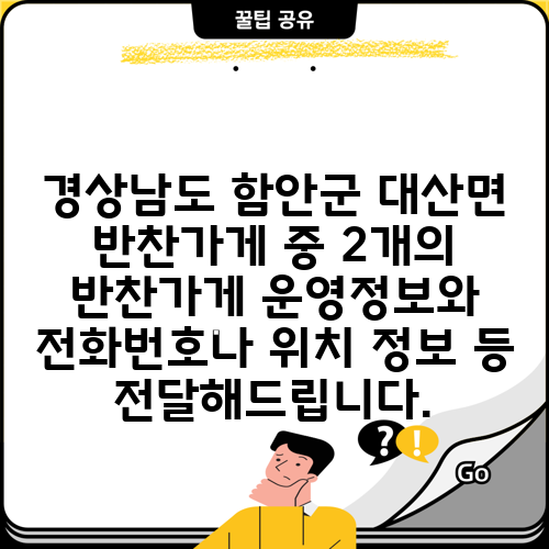 경상남도 함안군 대산면 반찬가게 중 2개의 반찬가게 운영정보와 전화번호나 위치 정보 등 전달해드립니다.