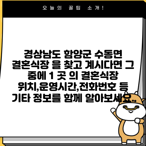 경상남도 함양군 수동면 결혼식장 을 찾고 계시다면 그 중에 1 곳 의 결혼식장 위치,운영시간,전화번호 등 기타 정보를 함께 알아보세요.