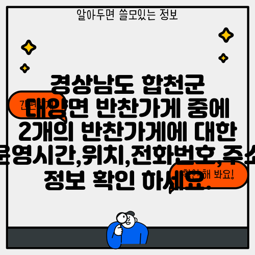 경상남도 합천군 대양면 반찬가게 중에 2개의 반찬가게에 대한 운영시간,위치,전화번호,주소 정보 확인 하세요.