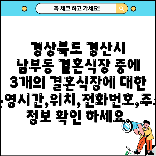 경상북도 경산시 남부동 결혼식장 중에 3개의 결혼식장에 대한 운영시간,위치,전화번호,주소 정보 확인 하세요.