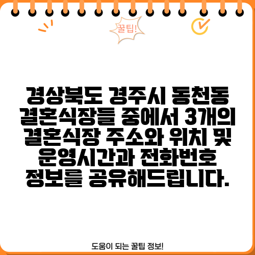 경상북도 경주시 동천동 결혼식장들 중에서 3개의 결혼식장 주소와 위치 및 운영시간과 전화번호 정보를 공유해드립니다.