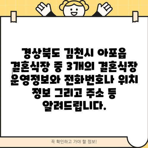 경상북도 김천시 아포읍 결혼식장 중 3개의 결혼식장 운영정보와 전화번호나 위치 정보 그리고 주소 등 알려드립니다.