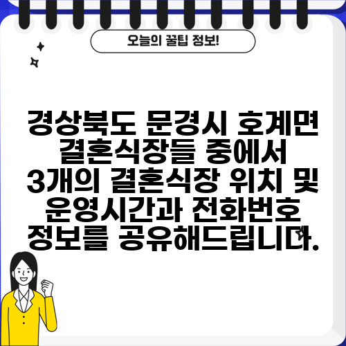 경상북도 문경시 호계면 결혼식장들 중에서 3개의 결혼식장 위치 및 운영시간과 전화번호 정보를 공유해드립니다.