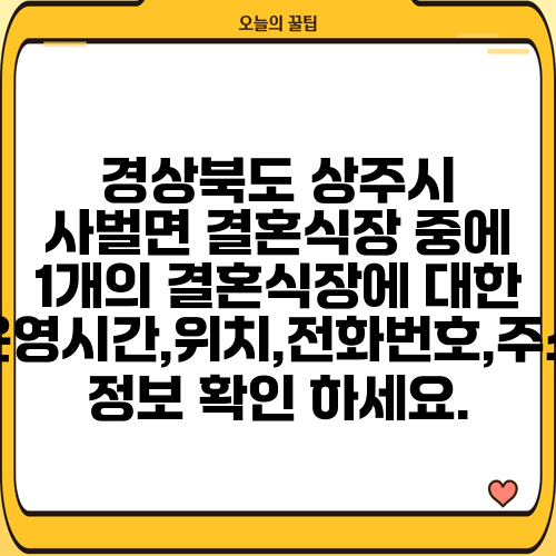 경상북도 상주시 사벌면 결혼식장 중에 1개의 결혼식장에 대한 운영시간,위치,전화번호,주소 정보 확인 하세요.