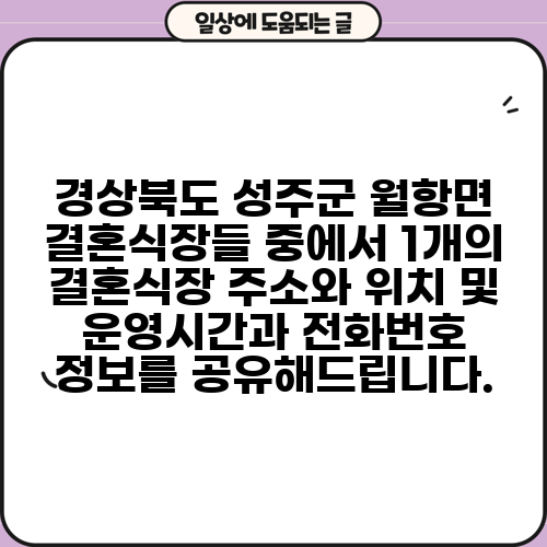 경상북도 성주군 월항면 결혼식장들 중에서 1개의 결혼식장 주소와 위치 및 운영시간과 전화번호 정보를 공유해드립니다.