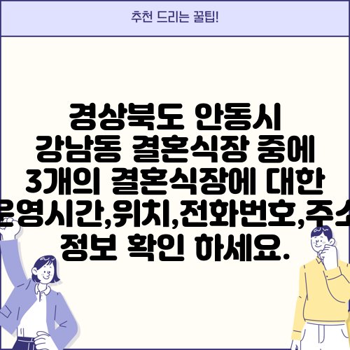 경상북도 안동시 강남동 결혼식장 중에 3개의 결혼식장에 대한 운영시간,위치,전화번호,주소 정보 확인 하세요.