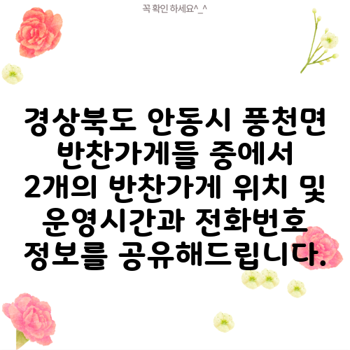 경상북도 안동시 풍천면 반찬가게들 중에서 2개의 반찬가게 위치 및 운영시간과 전화번호 정보를 공유해드립니다.