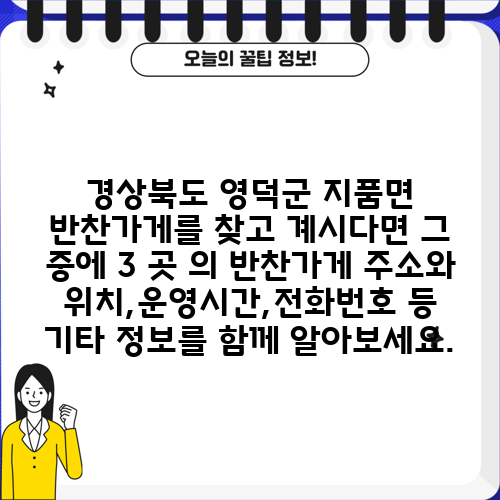 경상북도 영덕군 지품면 반찬가게를 찾고 계시다면 그 중에 3 곳 의 반찬가게 주소와 위치,운영시간,전화번호 등 기타 정보를 함께 알아보세요.
