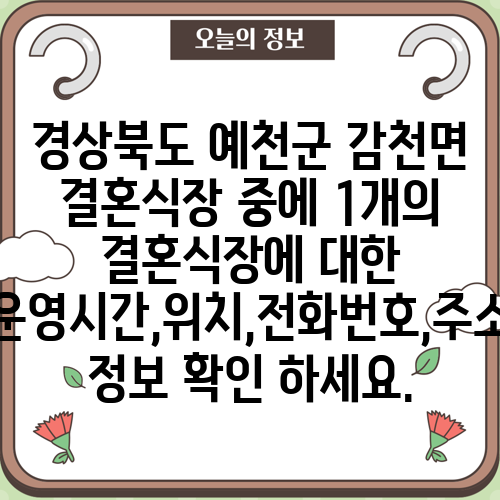 경상북도 예천군 감천면 결혼식장 중에 1개의 결혼식장에 대한 운영시간,위치,전화번호,주소 정보 확인 하세요.
