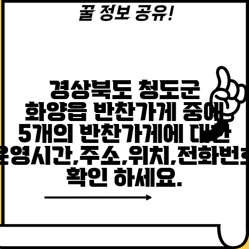 경상북도 청도군 화양읍 반찬가게 중에 5개의 반찬가게에 대한 운영시간,주소,위치,전화번호 확인 하세요.