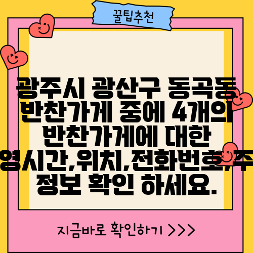 광주시 광산구 동곡동 반찬가게 중에 4개의 반찬가게에 대한 운영시간,위치,전화번호,주소 정보 확인 하세요.