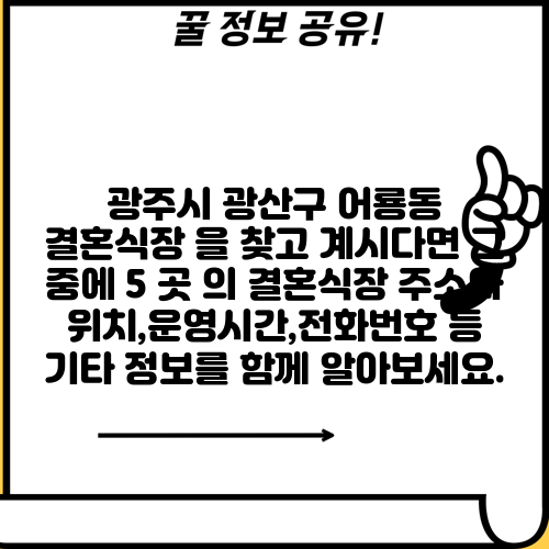 광주시 광산구 어룡동 결혼식장 을 찾고 계시다면 그 중에 5 곳 의 결혼식장 주소와 위치,운영시간,전화번호 등 기타 정보를 함께 알아보세요.