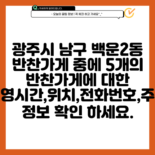 광주시 남구 백운2동 반찬가게 중에 5개의 반찬가게에 대한 운영시간,위치,전화번호,주소 정보 확인 하세요.